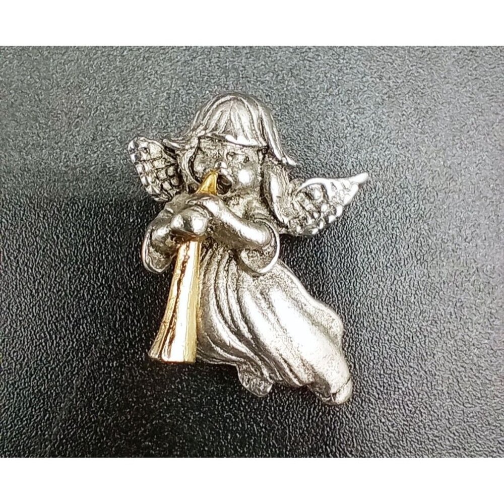 Pewter Angel Pin Blowing Horn 1.25 Inch Miniature Metal Musician Girl Vintage